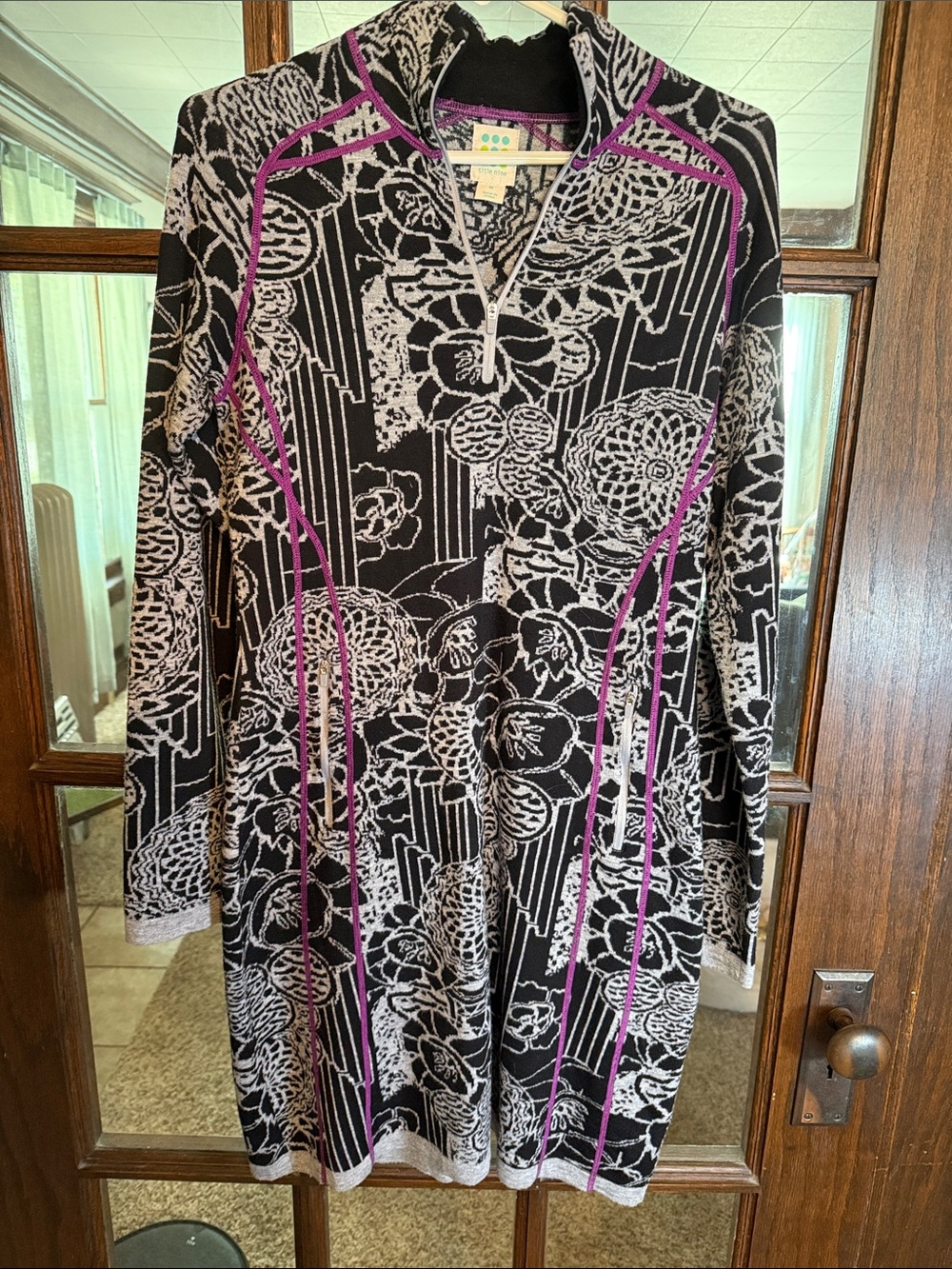Title Nine Womens Quarter Zip Sweater Dress Black Grey Purple Floral Graphic M